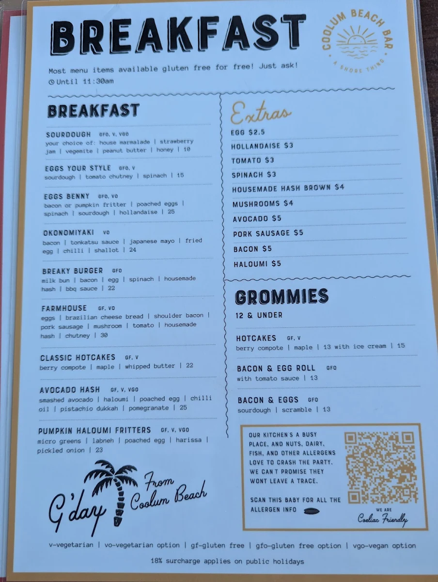Menu, Coolum Beach Bar