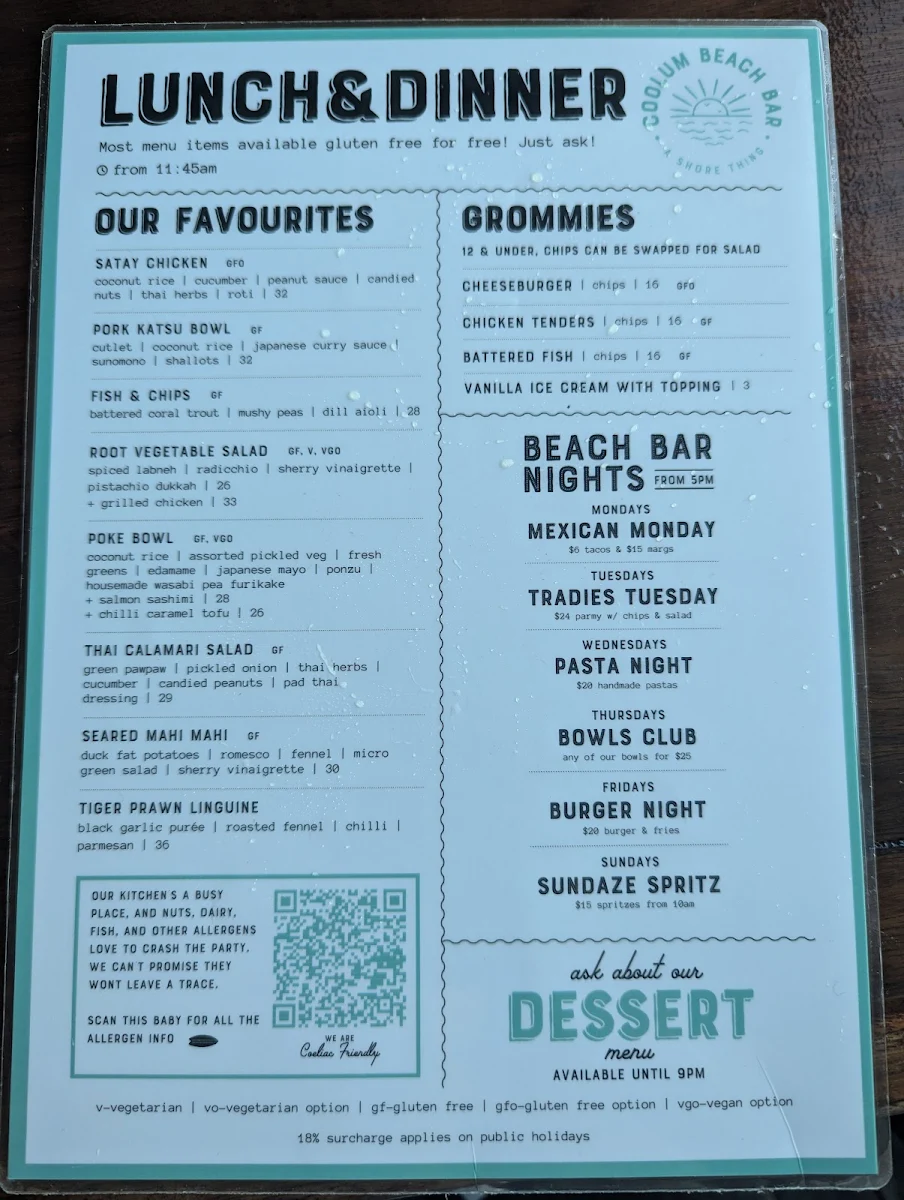 Menu, Coolum Beach Bar