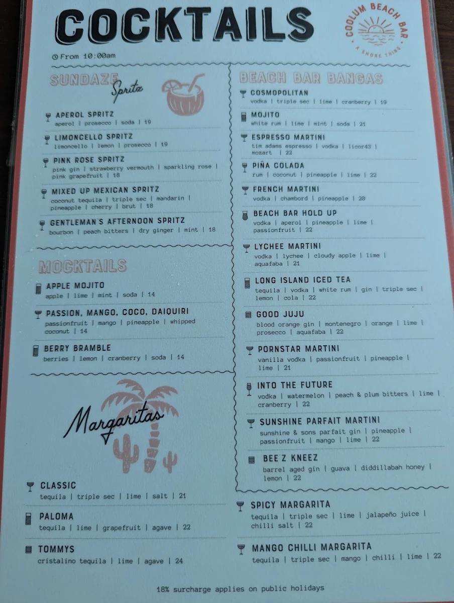 Menu, Coolum Beach Bar
