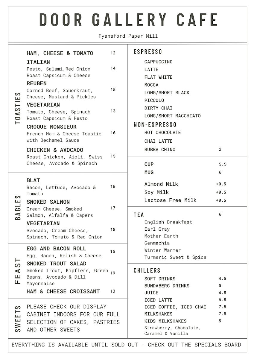 Menu, The Door Gallery Cafe