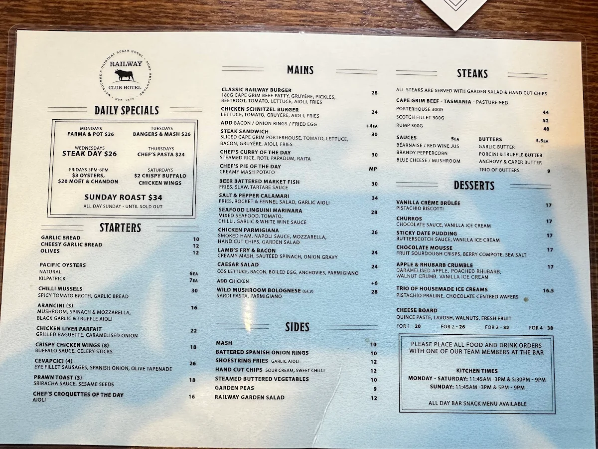 Menu, Railway Club Hotel
