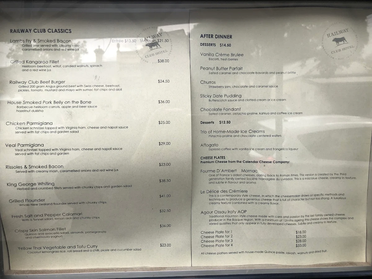 Menu, Railway Club Hotel