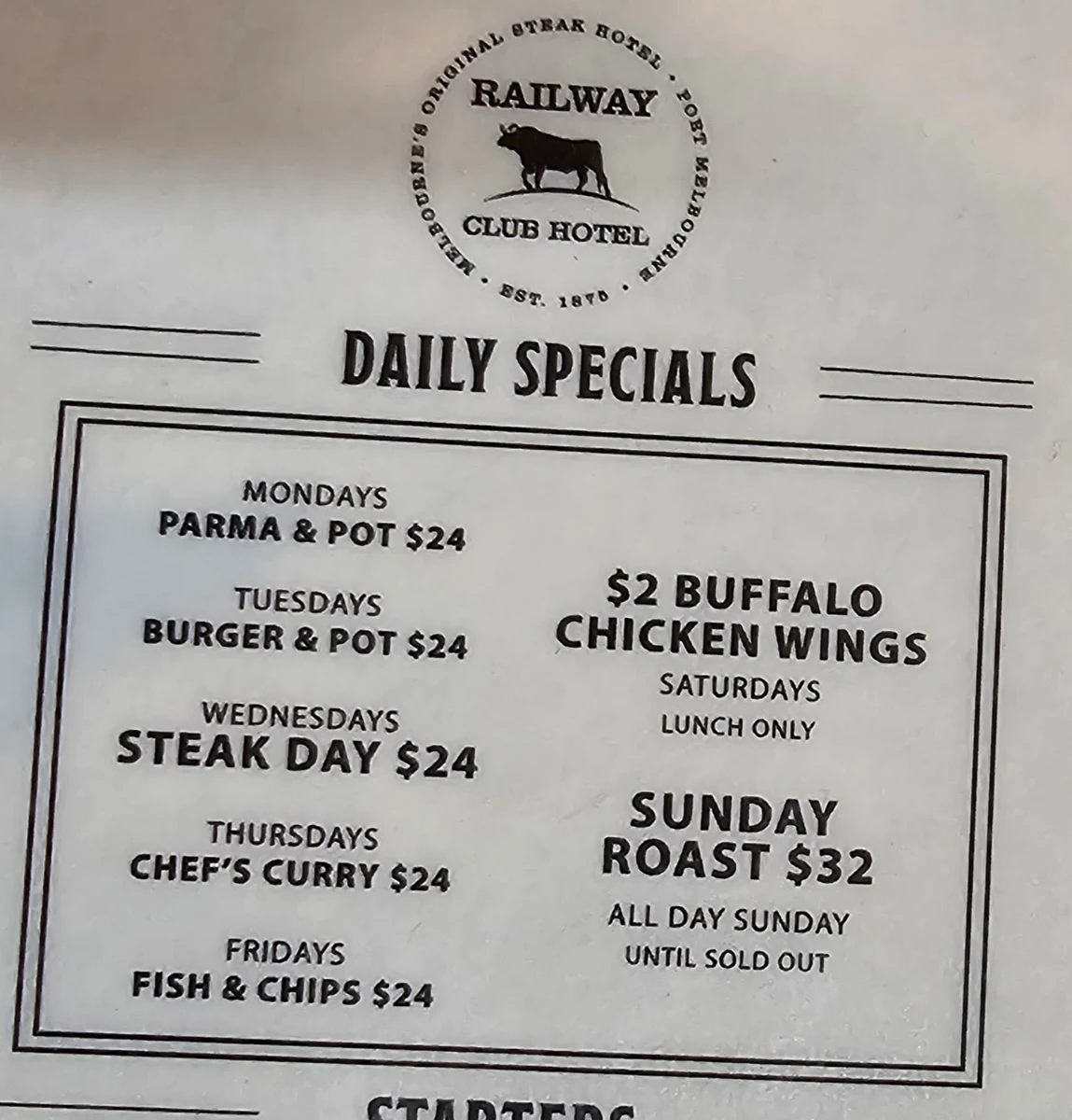 Menu, Railway Club Hotel