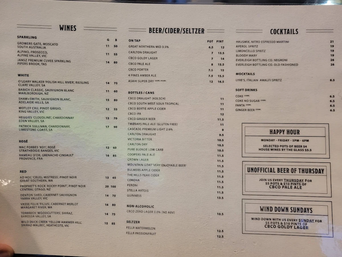Menu, Railway Club Hotel
