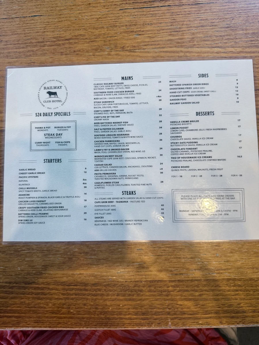 Menu, Railway Club Hotel