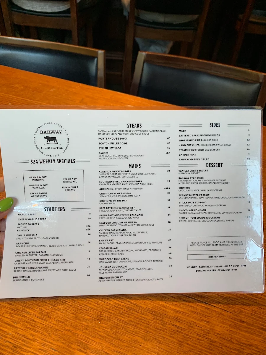 Menu, Railway Club Hotel
