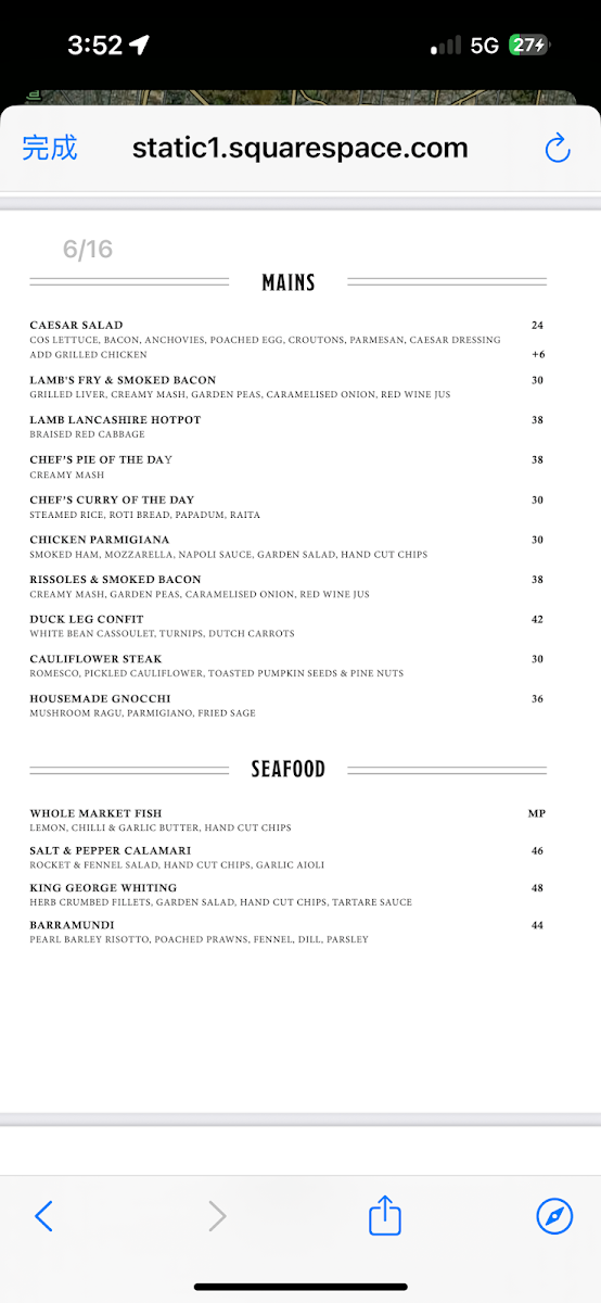 Menu, Railway Club Hotel