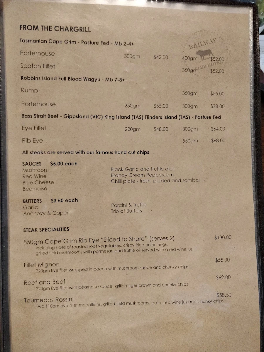 Menu, Railway Club Hotel