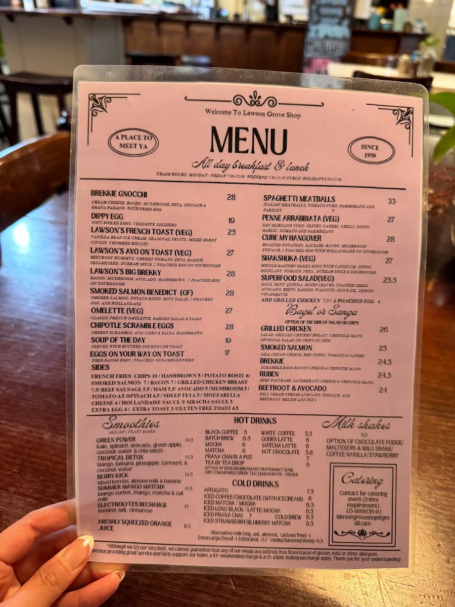 Menu, The Lawson Grove Shop