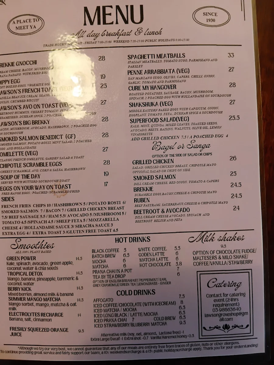 Menu, The Lawson Grove Shop