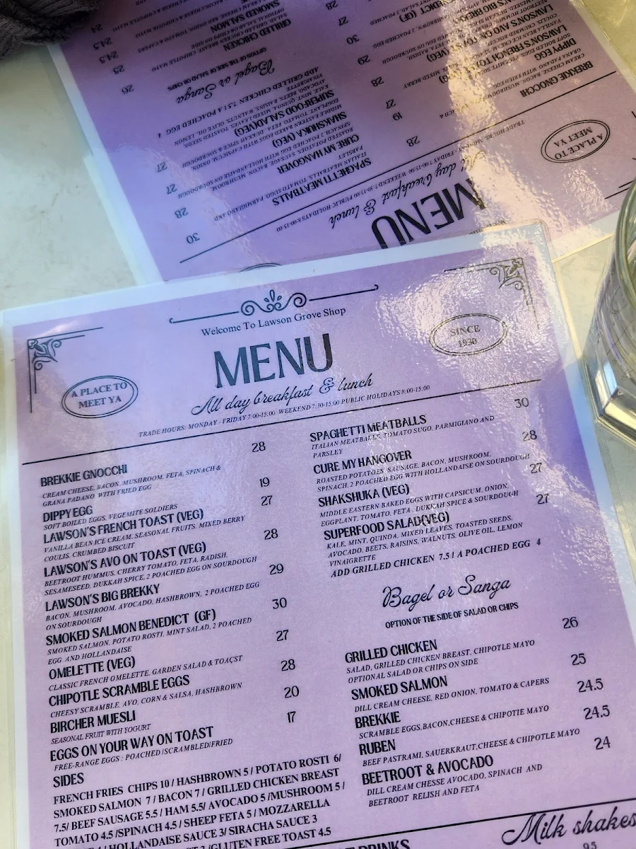 Menu, The Lawson Grove Shop