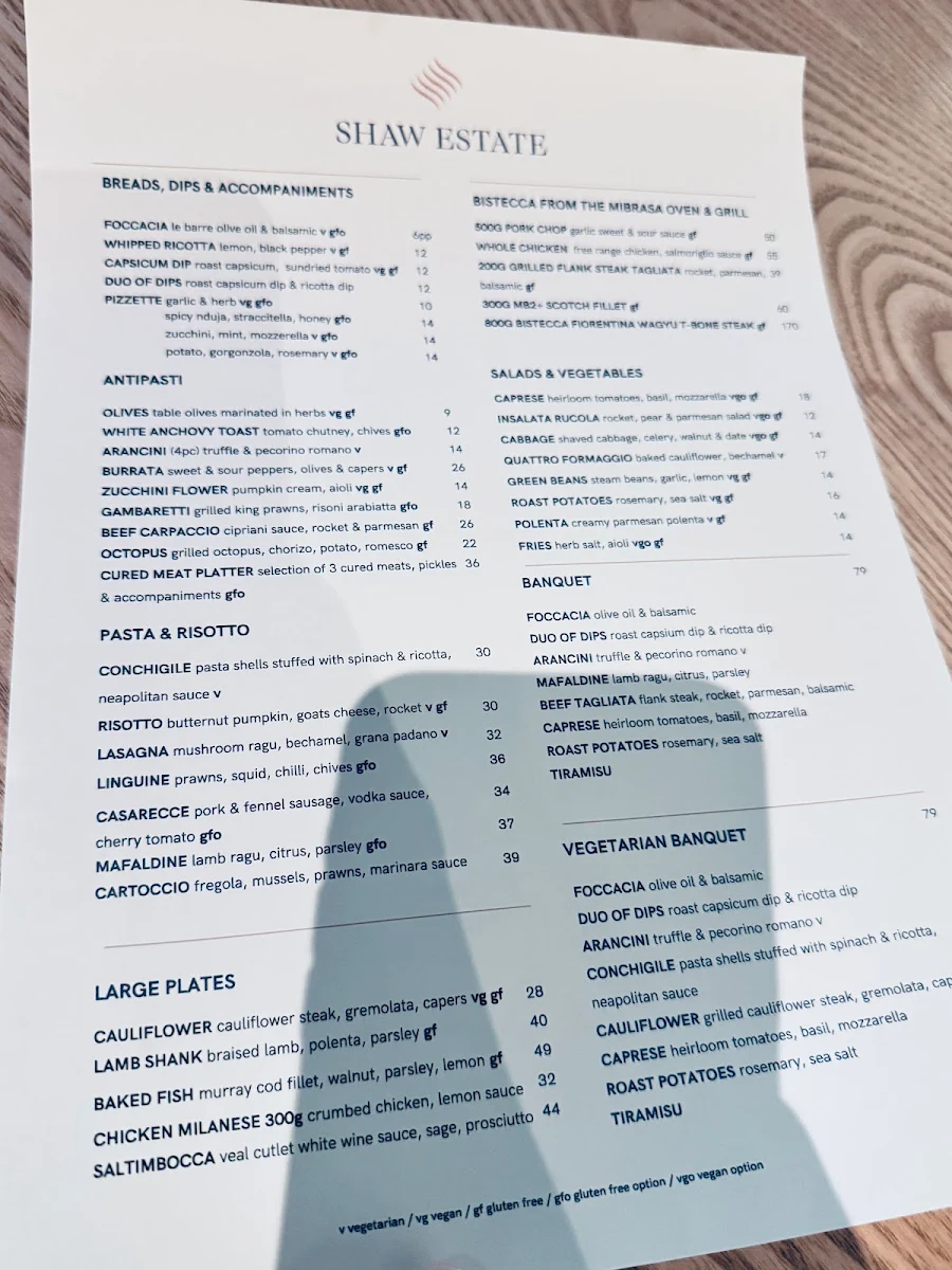 Menu, Shaw Estate
