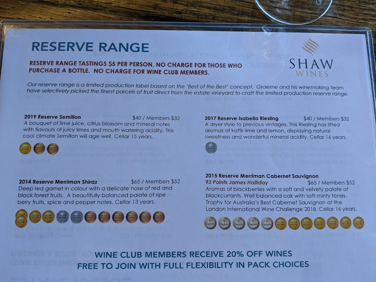 Menu, Shaw Estate