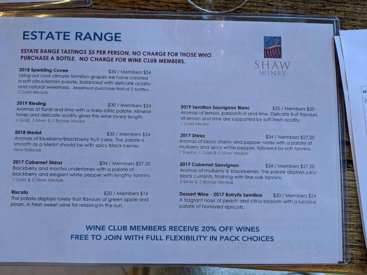 Menu, Shaw Estate