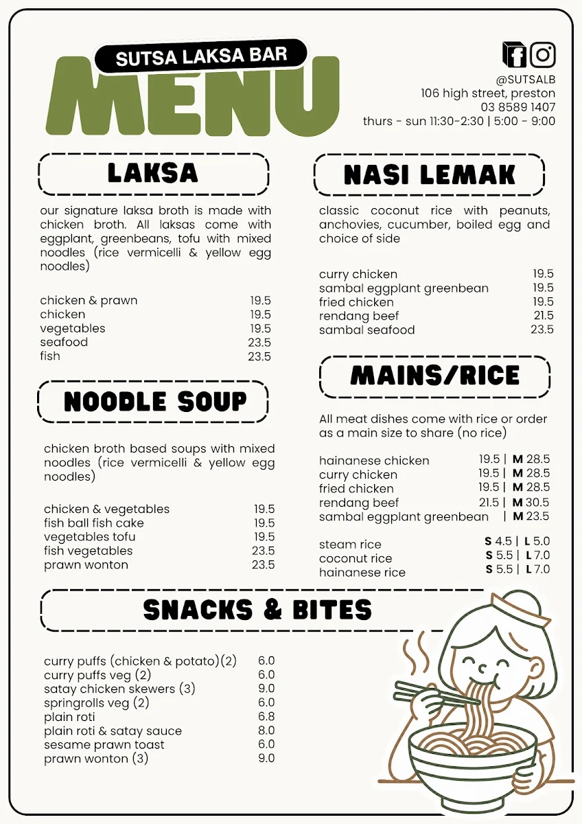 Menu, SUTSA Laksa Bar