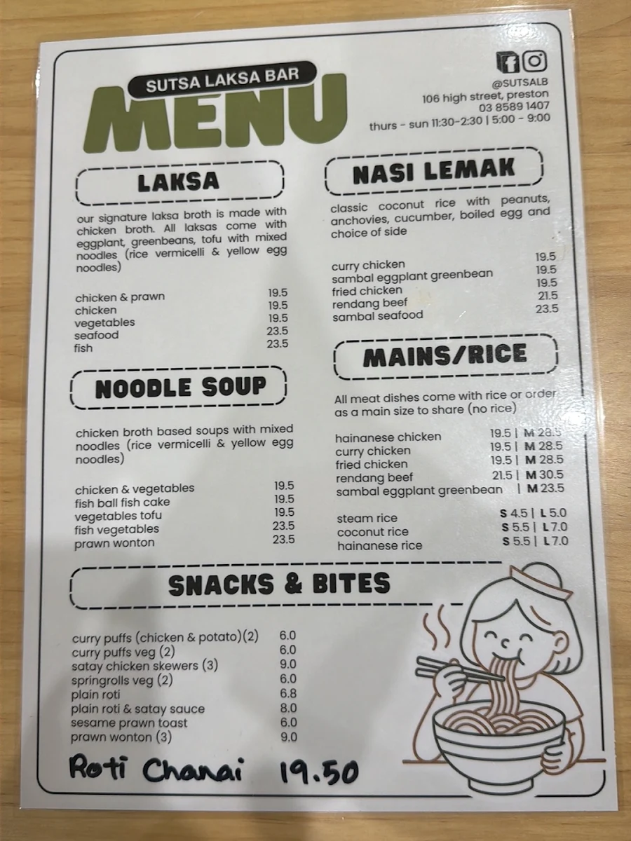 Menu, SUTSA Laksa Bar