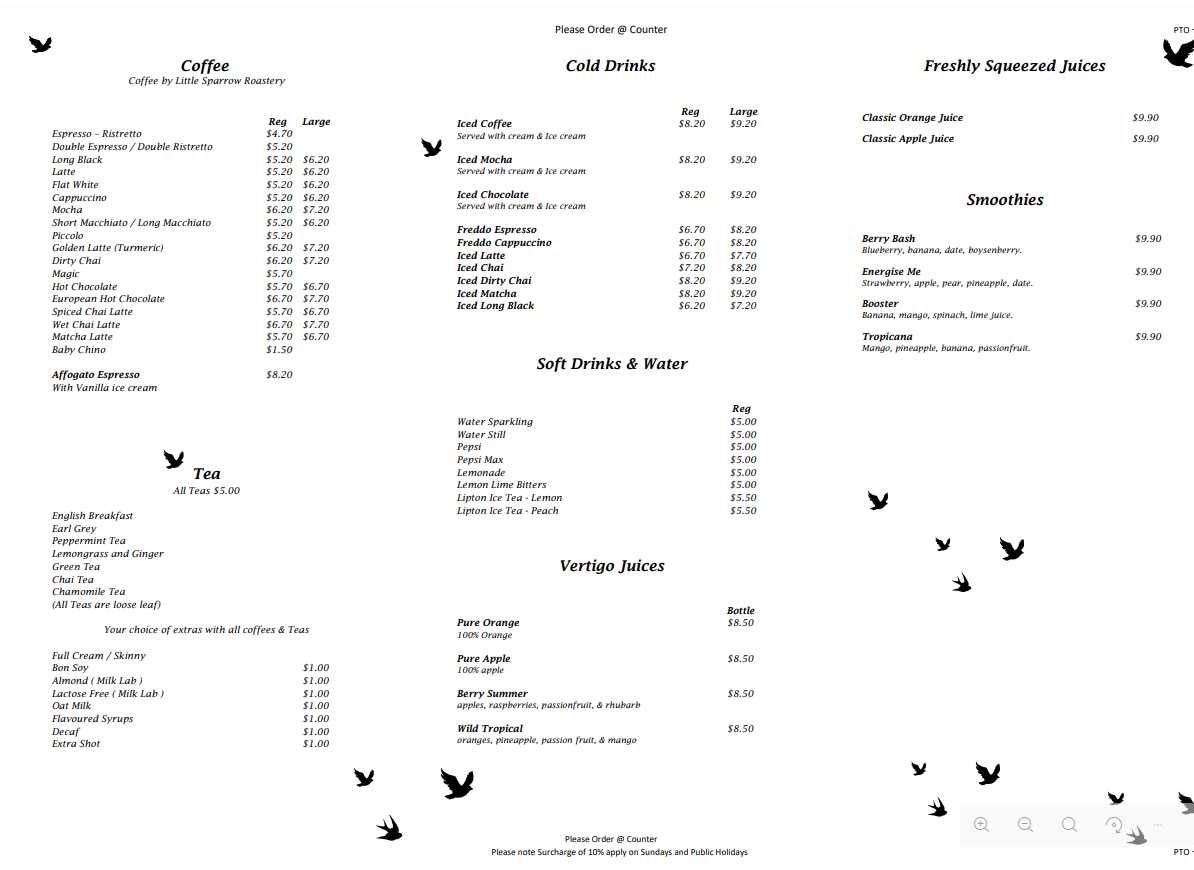 Menu, LITTLE SPARROW CRAIGIEBURN