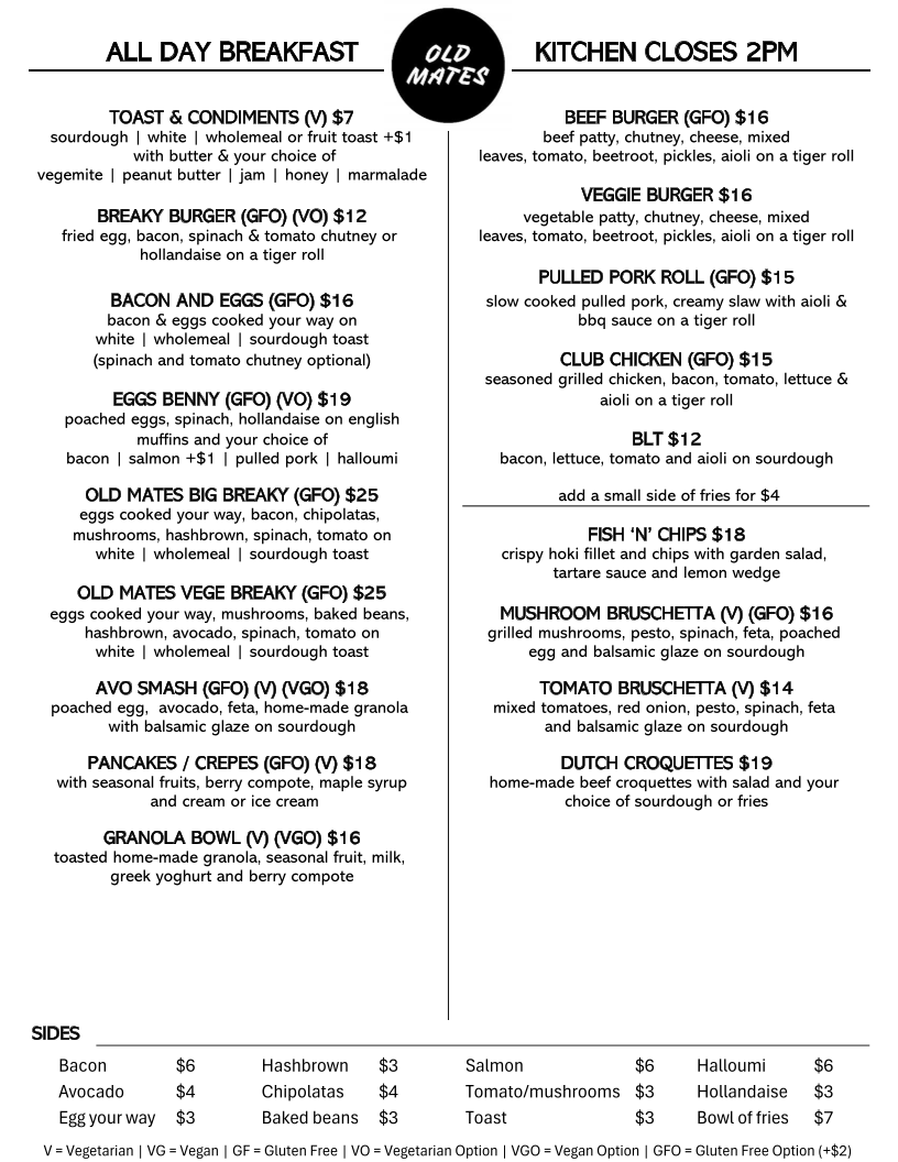 Menu, Old Mates Cafe