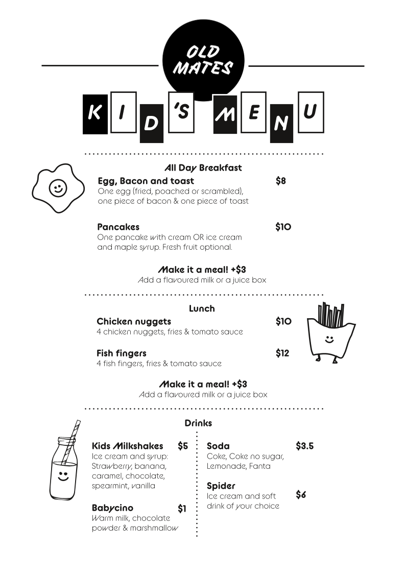 Menu, Old Mates Cafe
