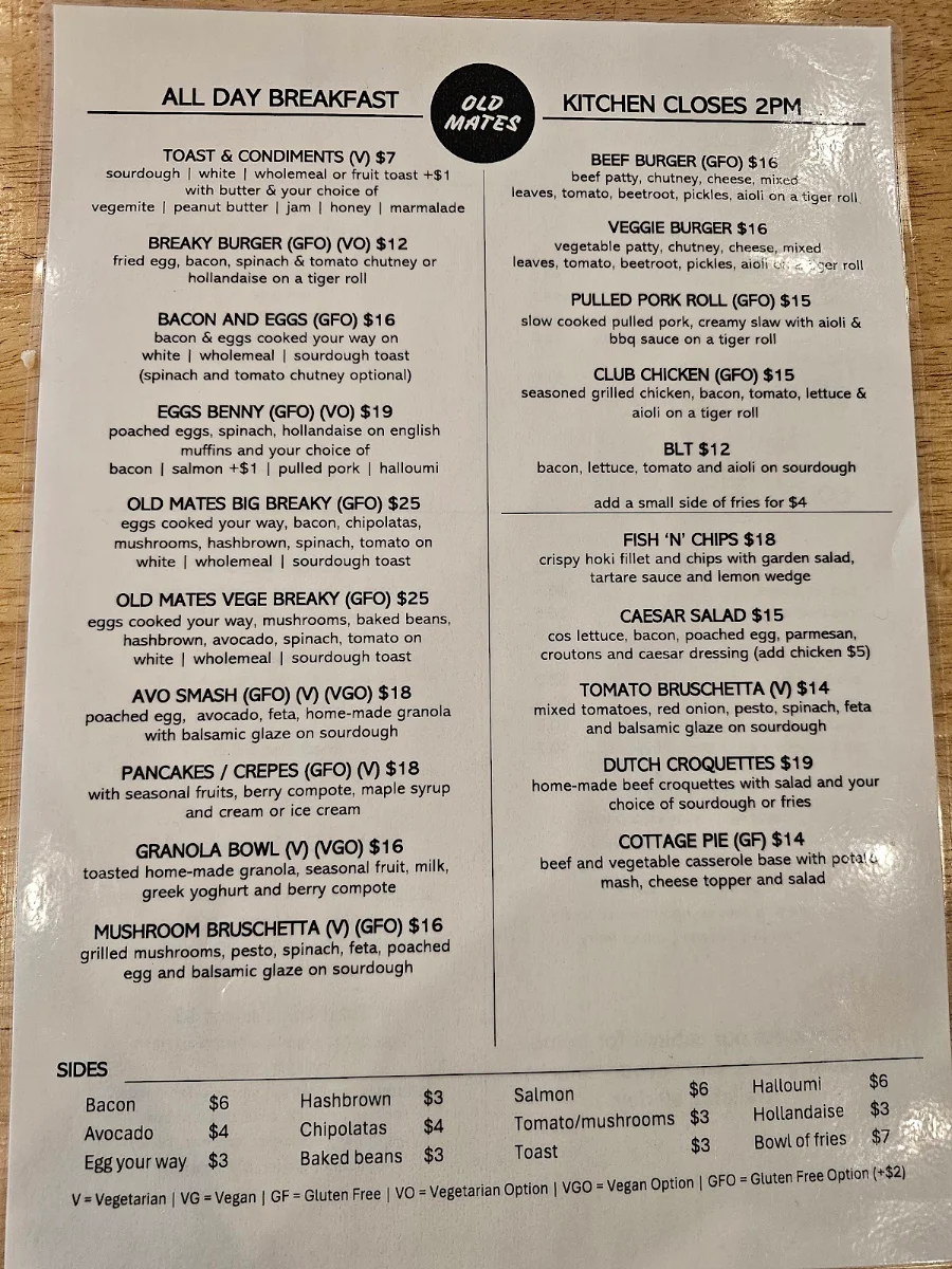 Menu, Old Mates Cafe