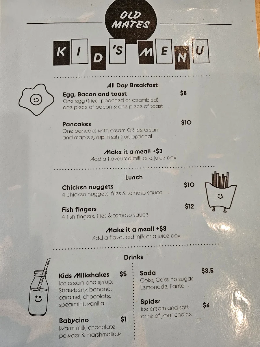Menu, Old Mates Cafe