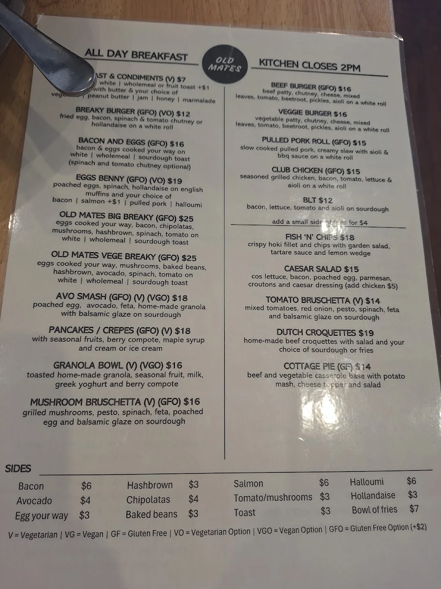 Menu, Old Mates Cafe