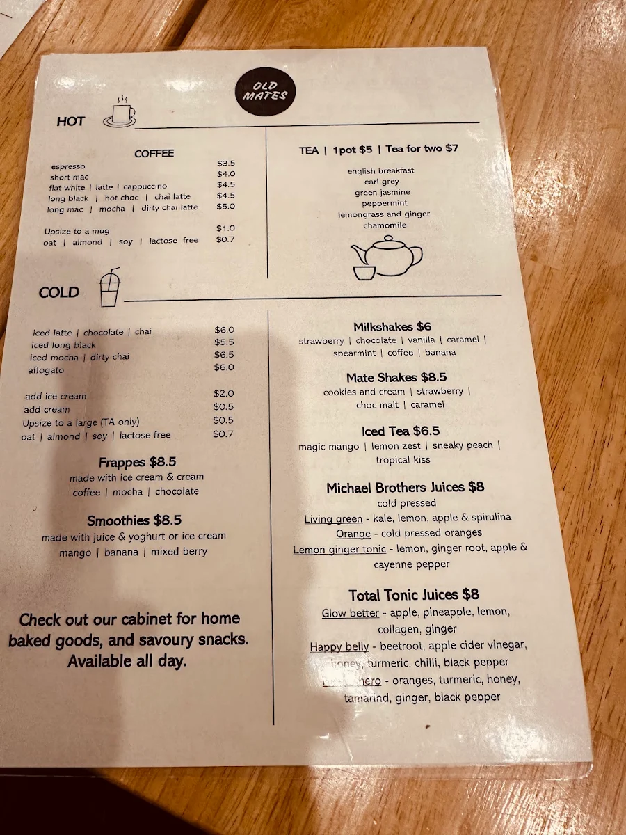 Menu, Old Mates Cafe