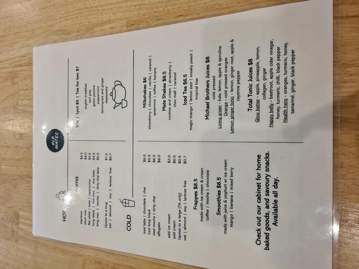 Menu, Old Mates Cafe