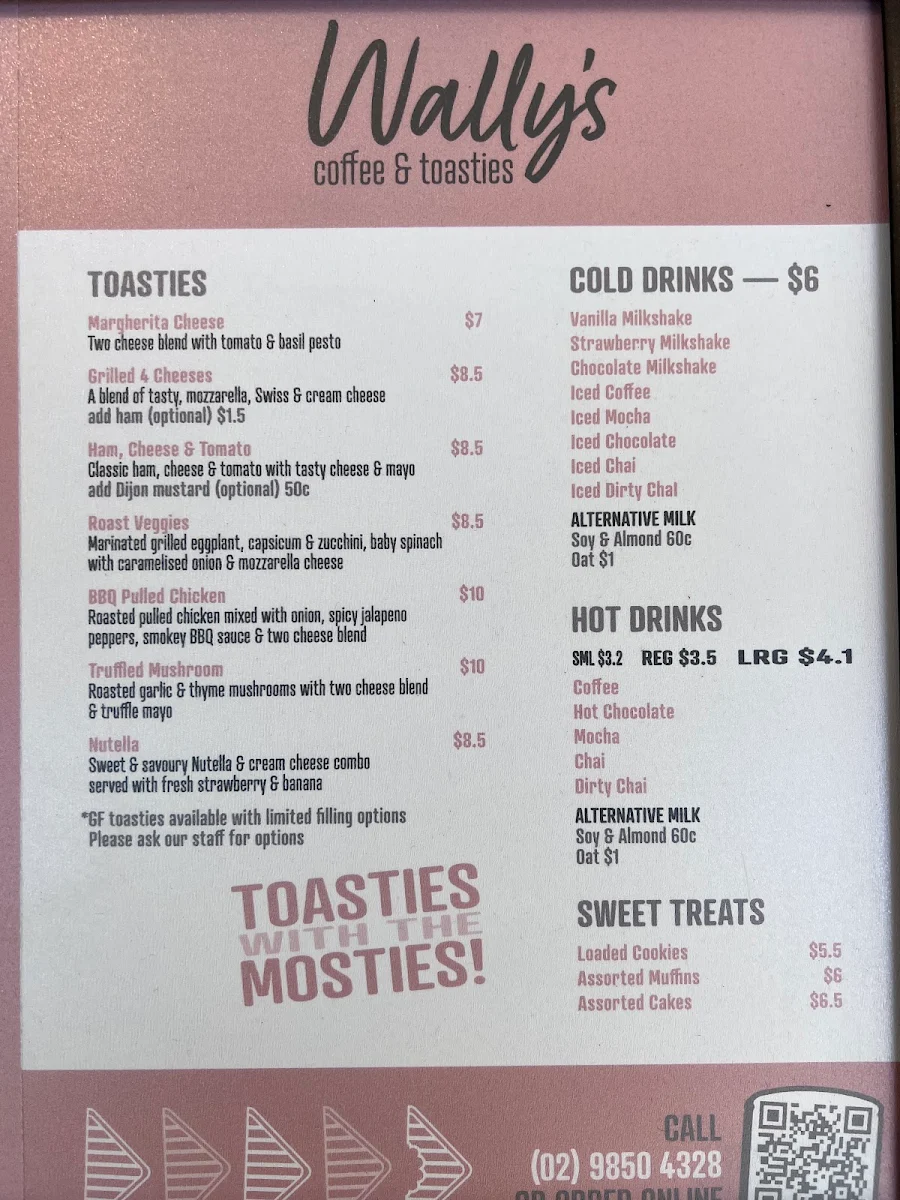 Menu, Wally's coffee & toasties
