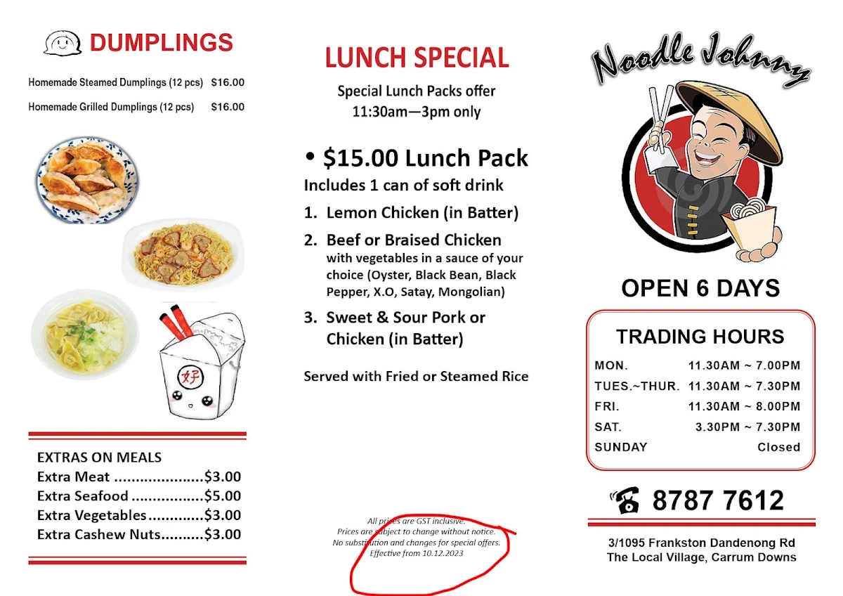 Menu, Noodle Johnny