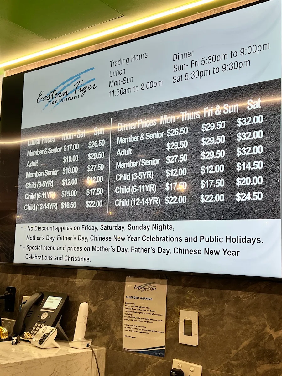 Menu, Eastern Tiger Restaurant