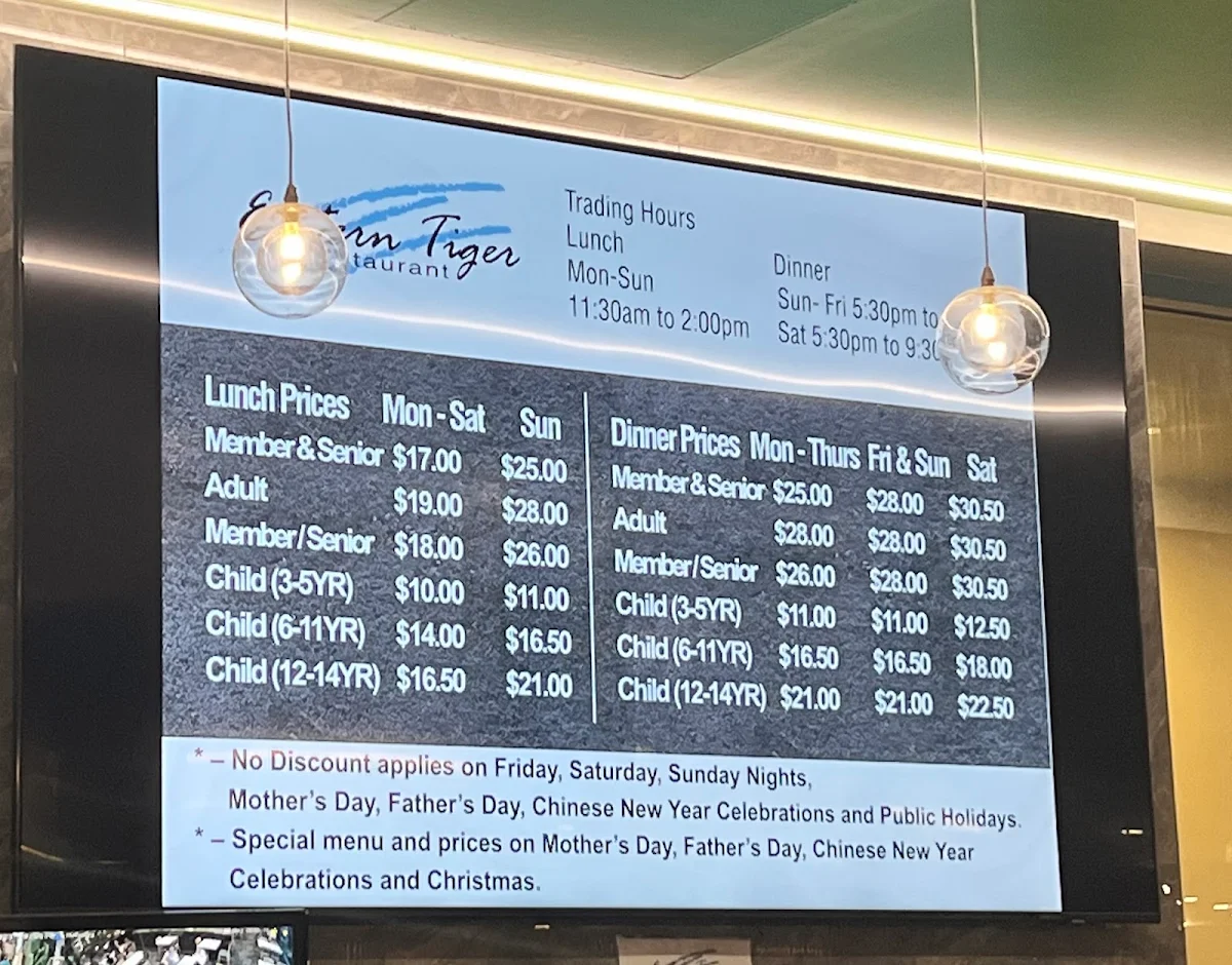 Menu, Eastern Tiger Restaurant