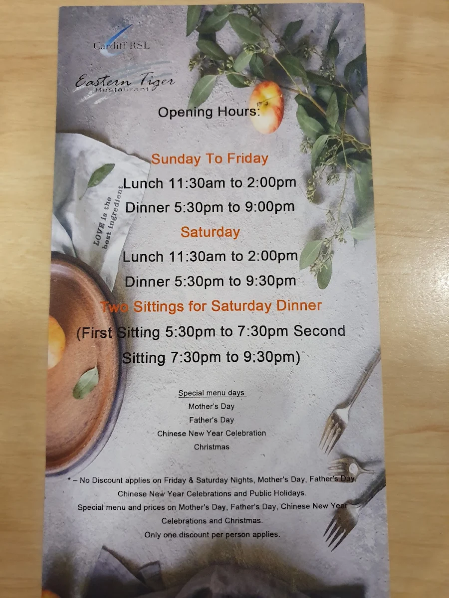 Menu, Eastern Tiger Restaurant