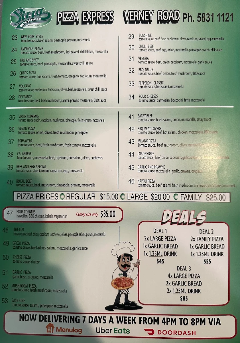 Menu, Pizza express verney road
