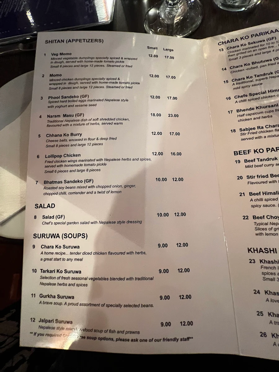 Menu, Himali Gurkha Nepalese Restaurant