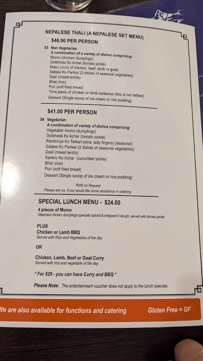 Menu, Himali Gurkha Nepalese Restaurant