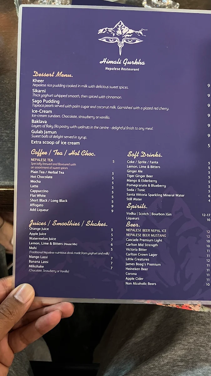 Menu, Himali Gurkha Nepalese Restaurant