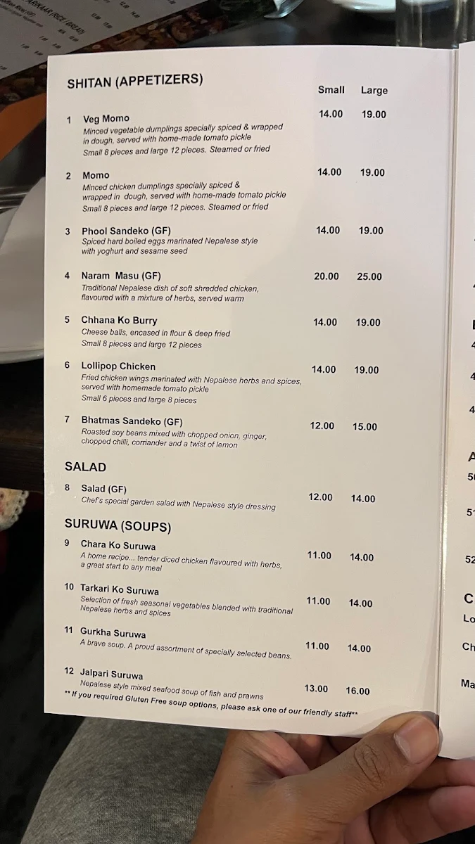 Menu, Himali Gurkha Nepalese Restaurant