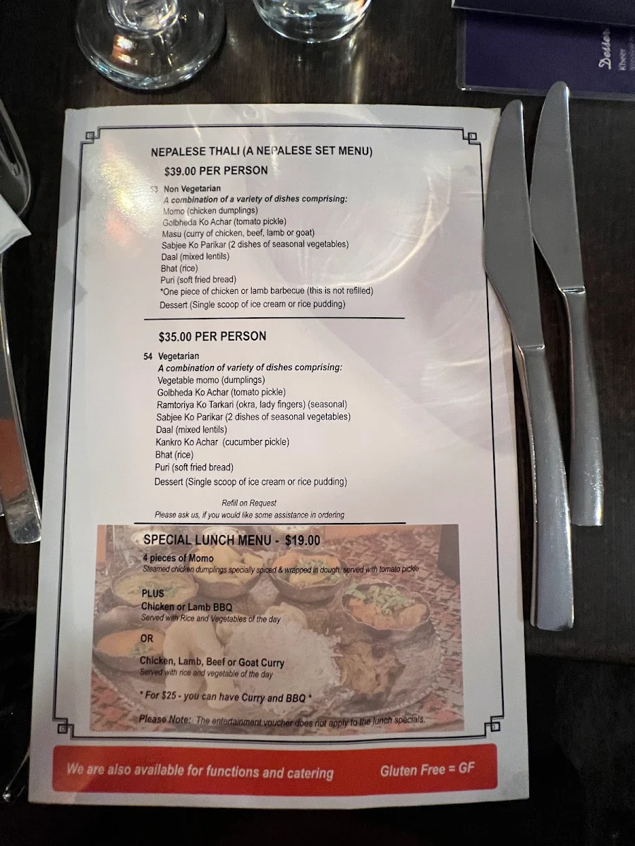 Menu, Himali Gurkha Nepalese Restaurant