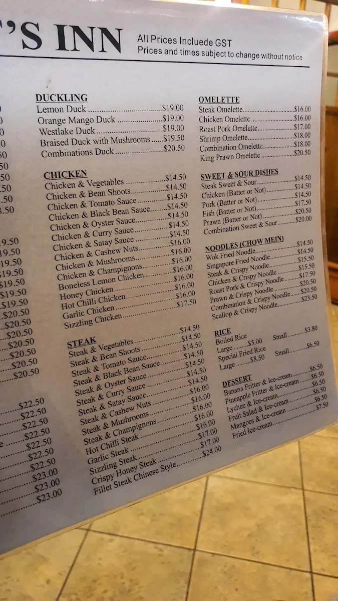 Menu, Great Gourmet Inn