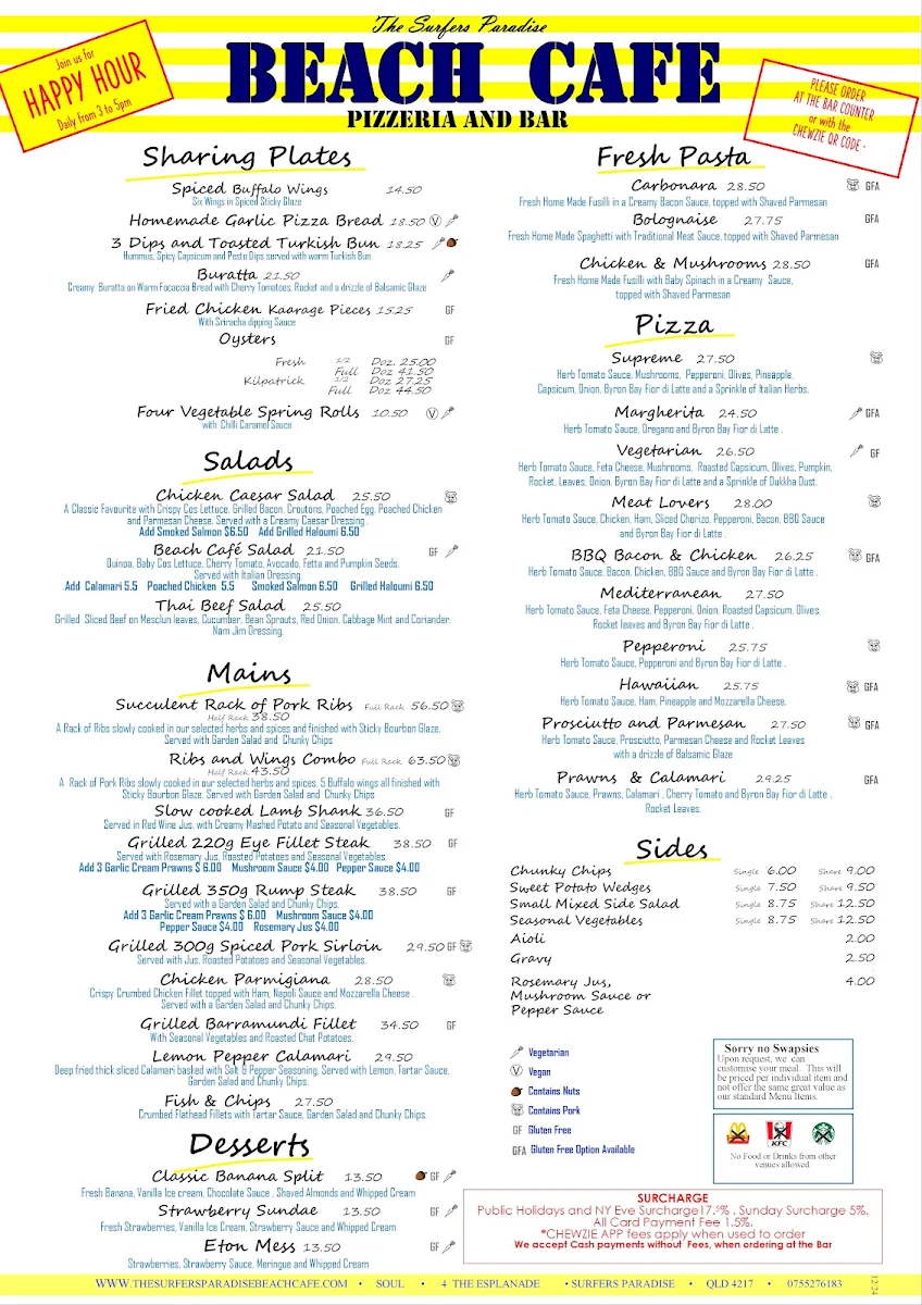 Menu, The Surfers Paradise Beach Cafe