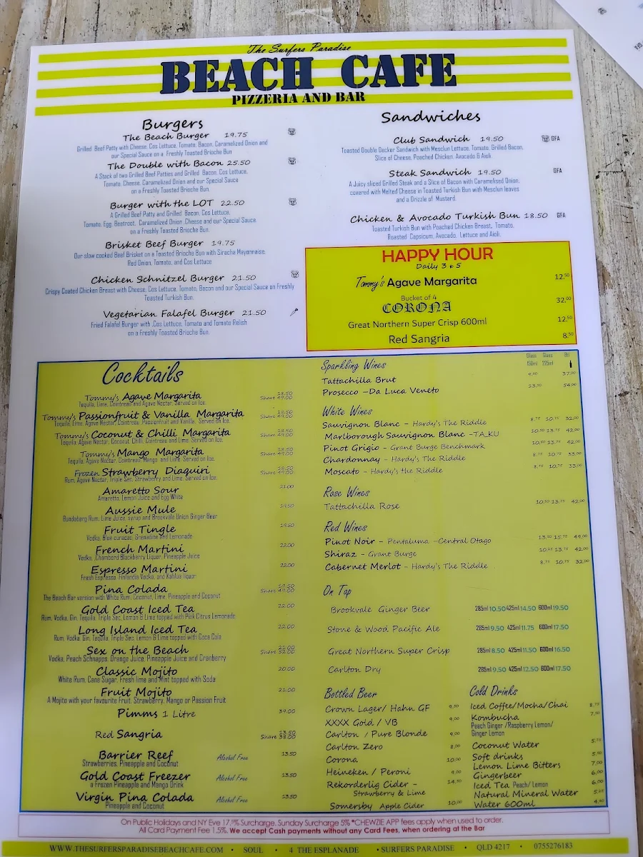 Menu, The Surfers Paradise Beach Cafe