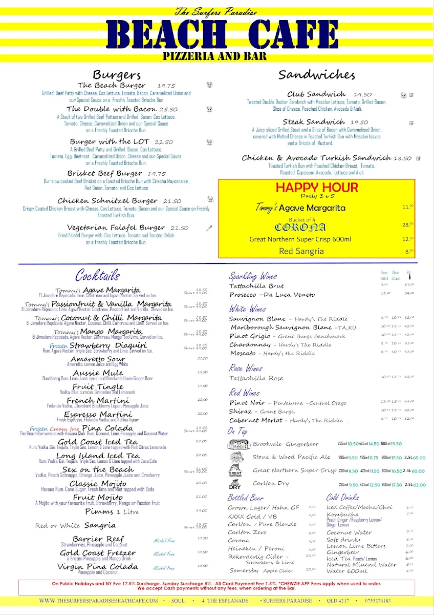 Menu, The Surfers Paradise Beach Cafe