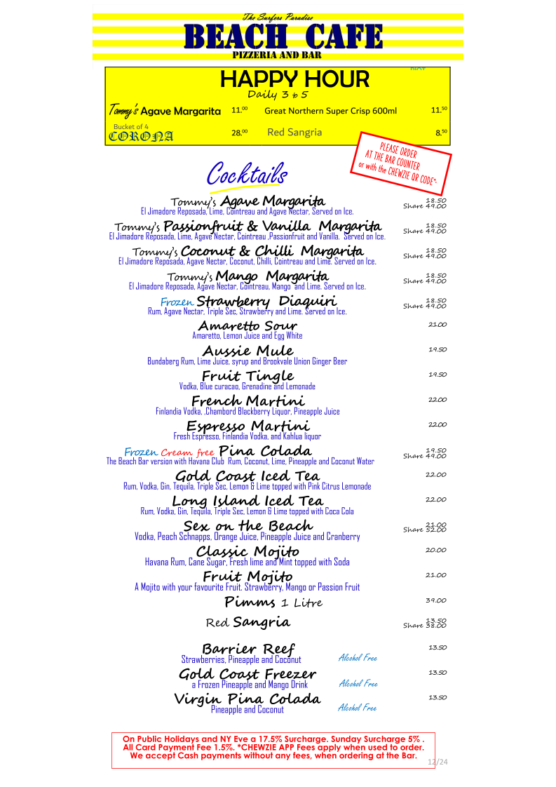 Menu, The Surfers Paradise Beach Cafe