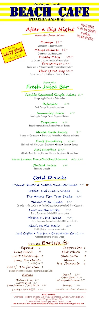 Menu, The Surfers Paradise Beach Cafe