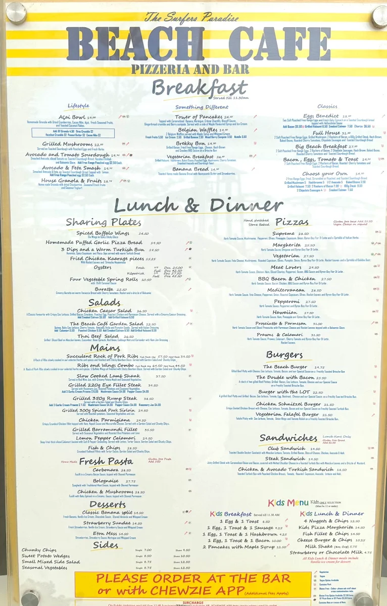 Menu, The Surfers Paradise Beach Cafe