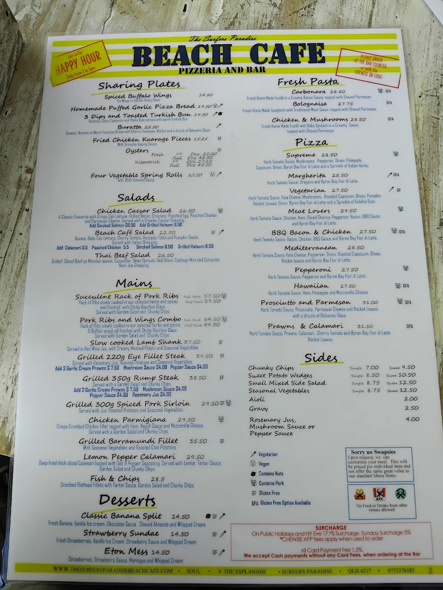 Menu, The Surfers Paradise Beach Cafe