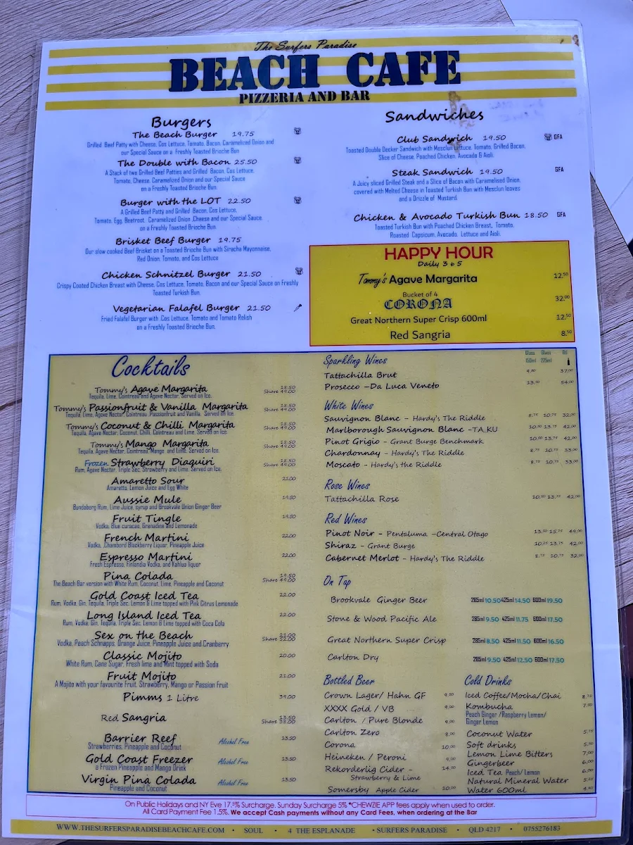 Menu, The Surfers Paradise Beach Cafe