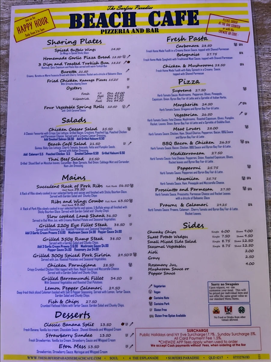 Menu, The Surfers Paradise Beach Cafe