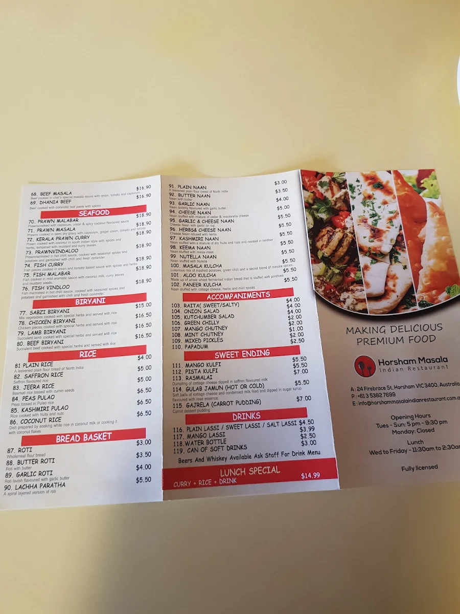 Menu, Horsham Masala Indian Restaurant